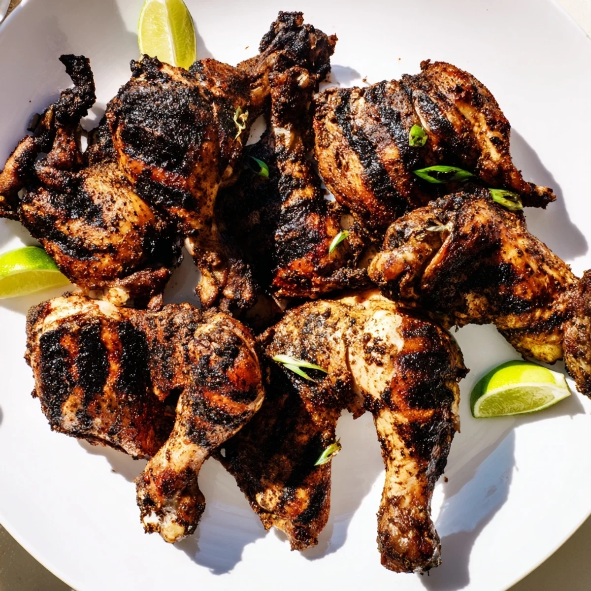 Mouthwatering jerk chicken pieces served with fresh lime wedges on a rustic wooden platter
