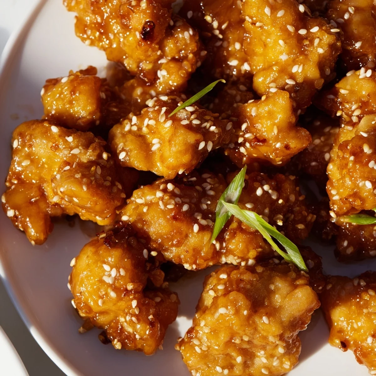 Golden baked orange chicken pieces coated in glossy sweet and tangy orange sauce