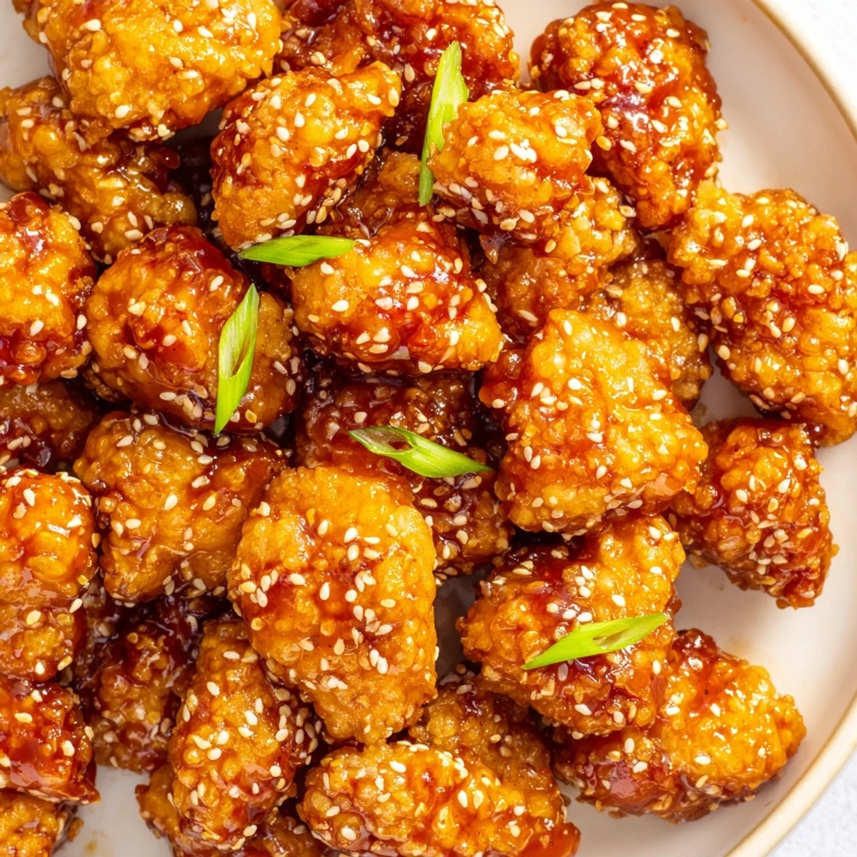 Crispy oven-baked orange chicken tossed in vibrant citrus sauce with sesame seed garnish