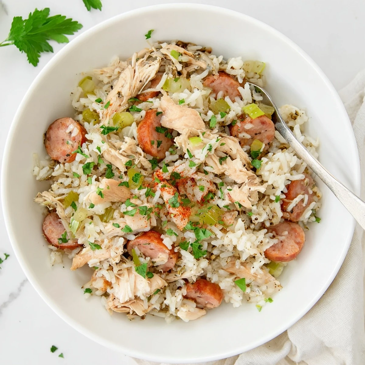 Steaming bowl of Southern Chicken Bog with tender shredded chicken and smoked sausage