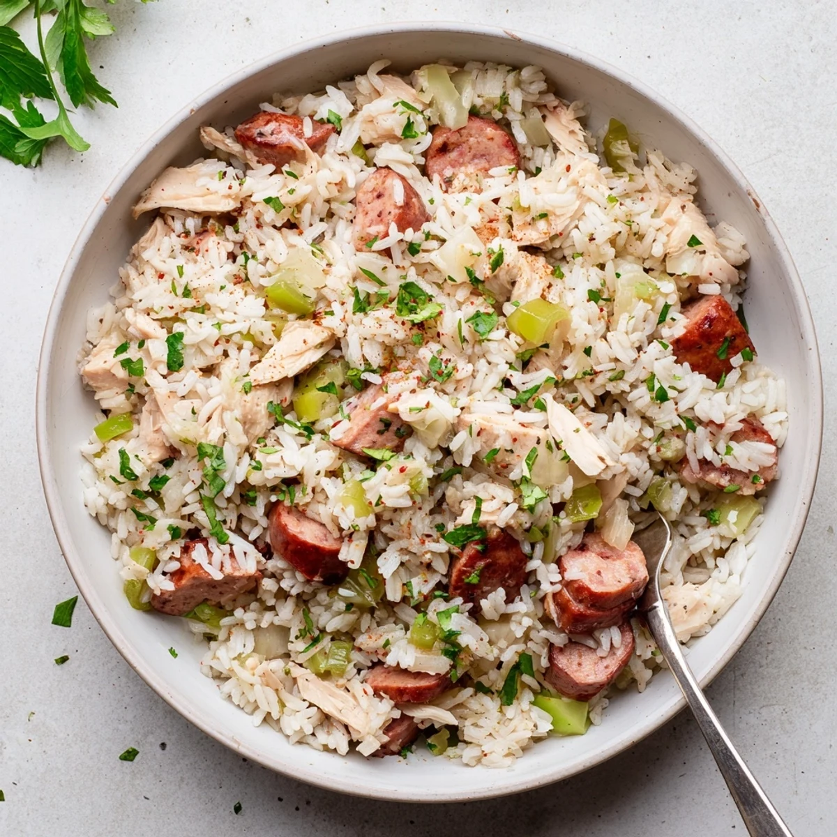 Rustic Dutch oven of Southern Chicken Bog, fragrant rice speckled with parsley