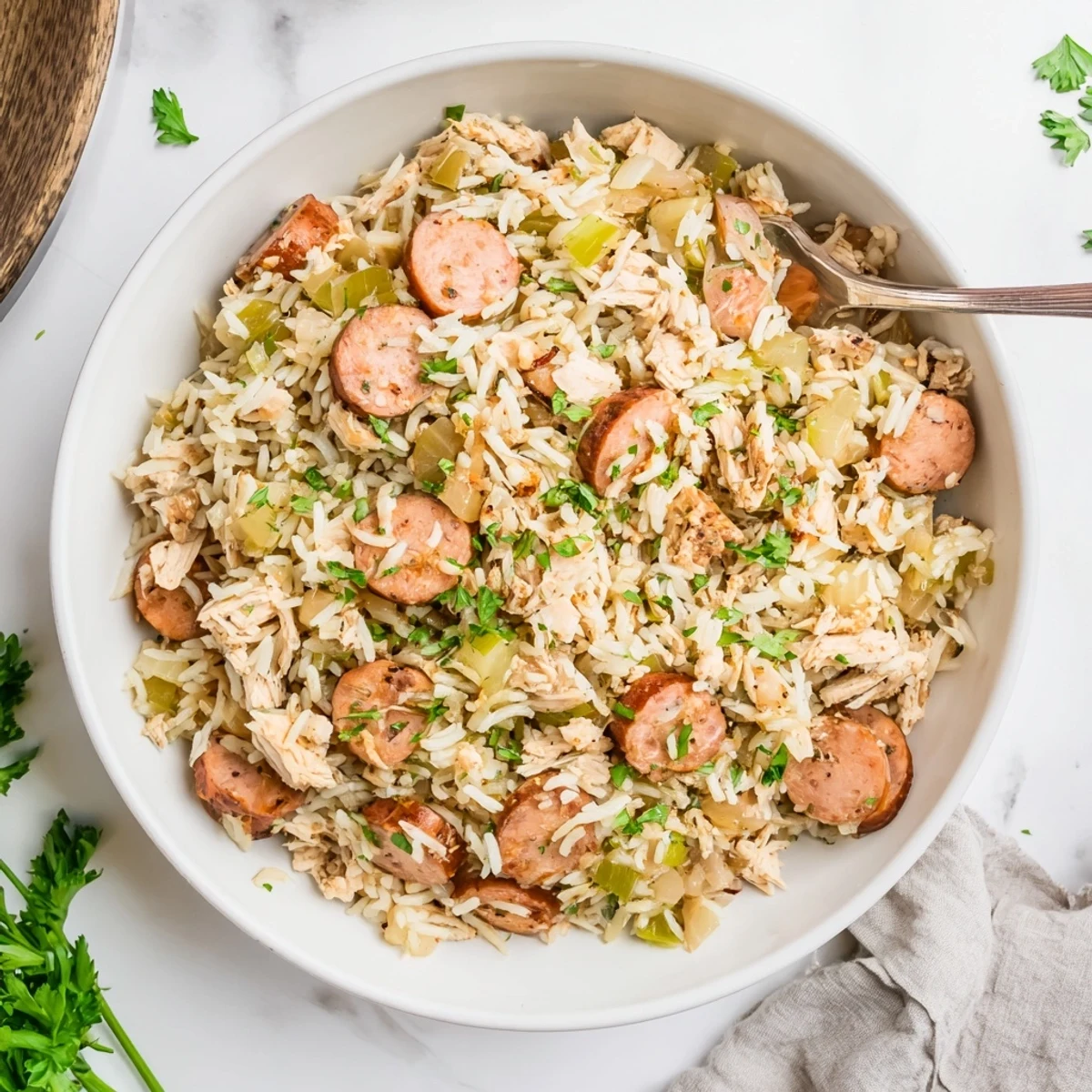 Family-style Southern Chicken Bog served with crusty bread and iced tea