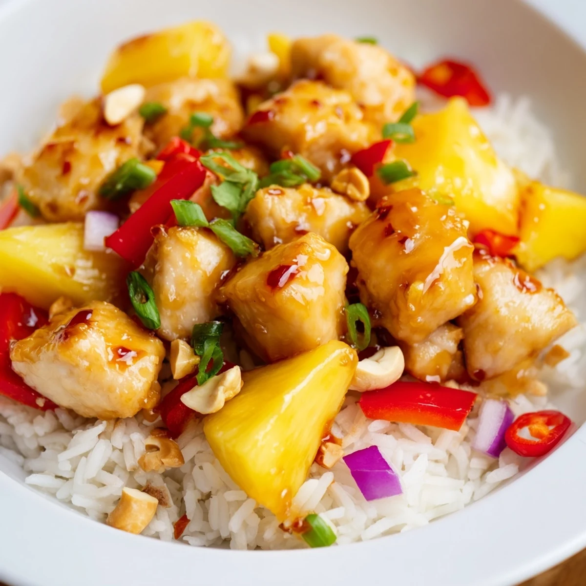 Skillet tossed Tropical Sweet And Spicy Chicken Rice Delight served over fluffy rice