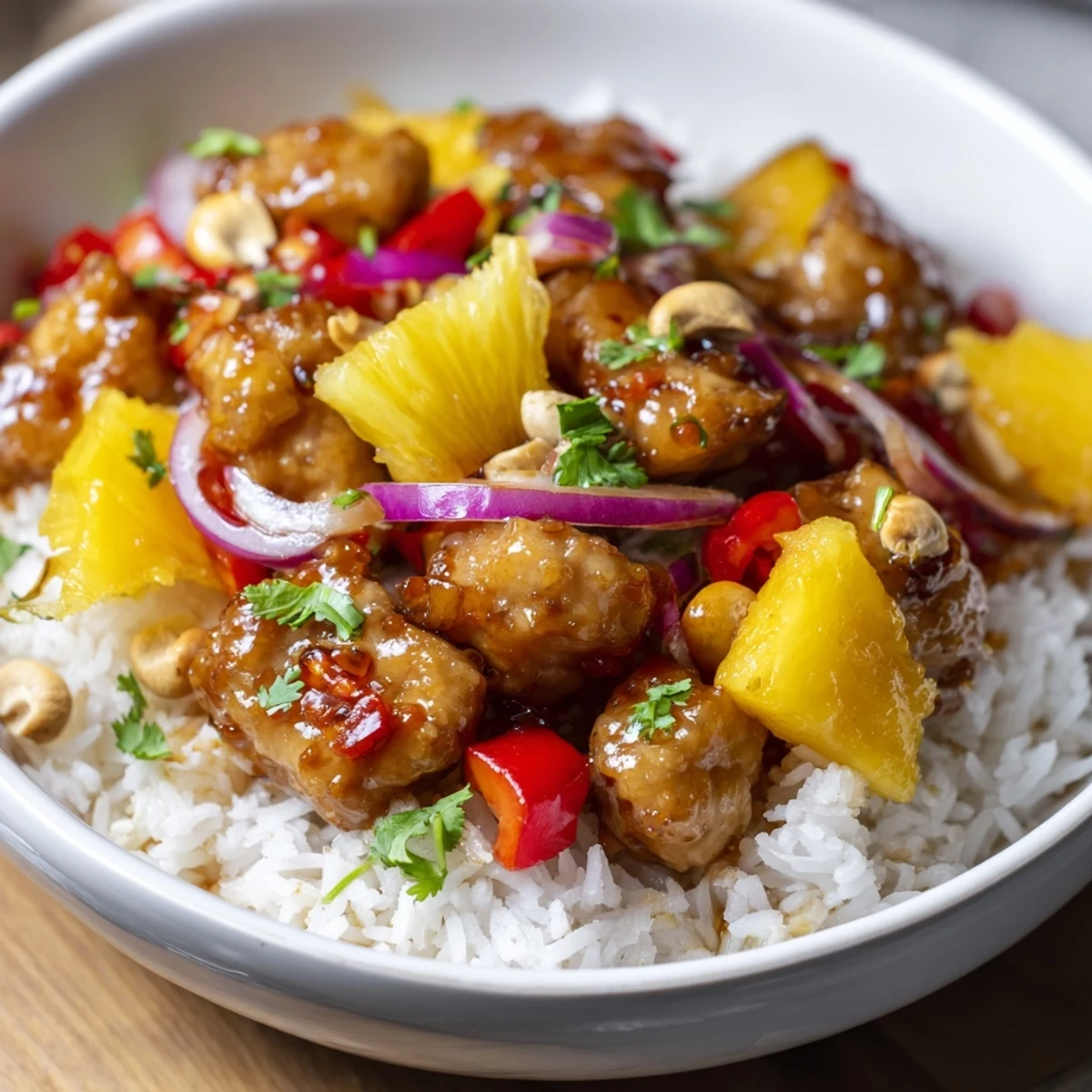 Steaming Tropical Sweet And Spicy Chicken Rice Delight with juicy pineapple and cilantro