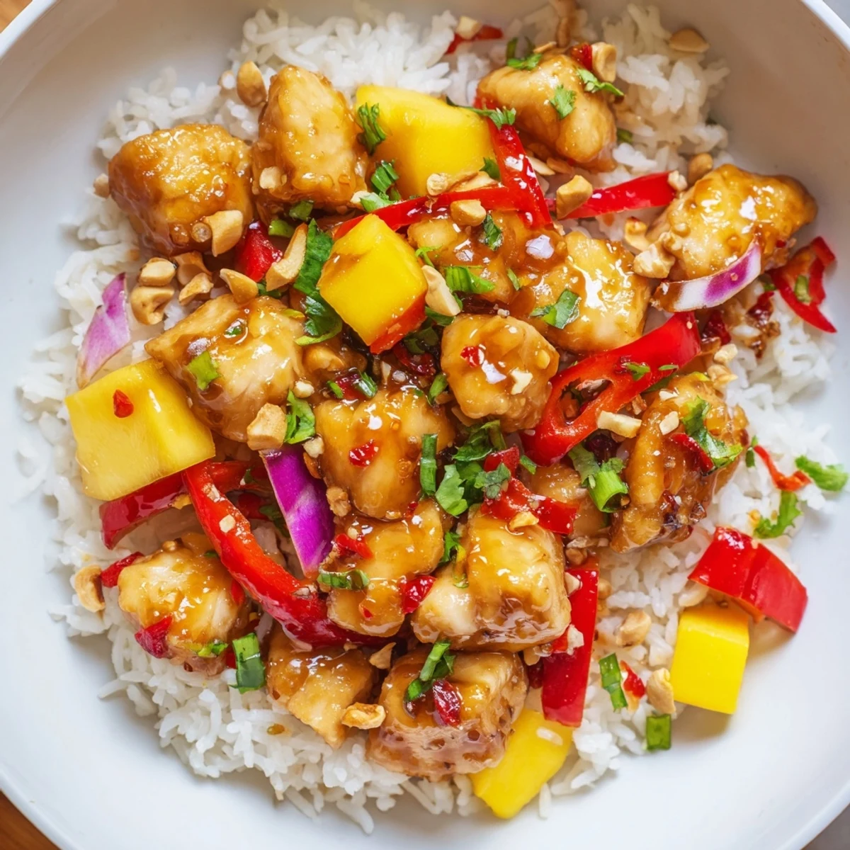 Bright Tropical Sweet And Spicy Chicken Rice Delight garnished with toasted cashews, lime