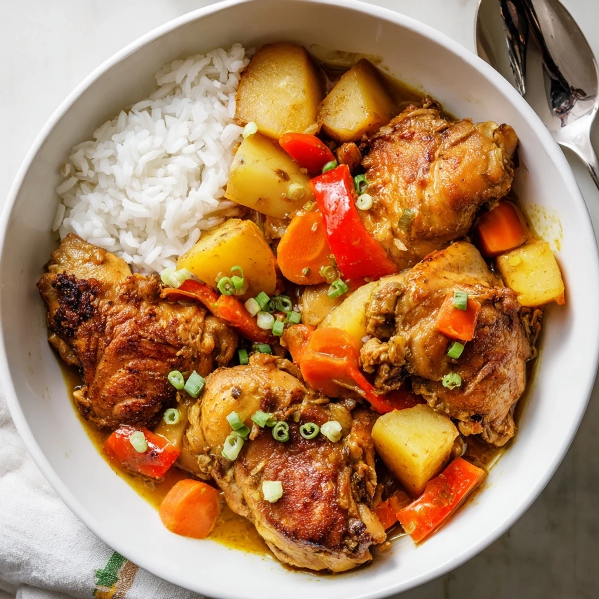 Irresistibly Tender Jamaican Curry Chicken glistening in coconut curry, served with rice