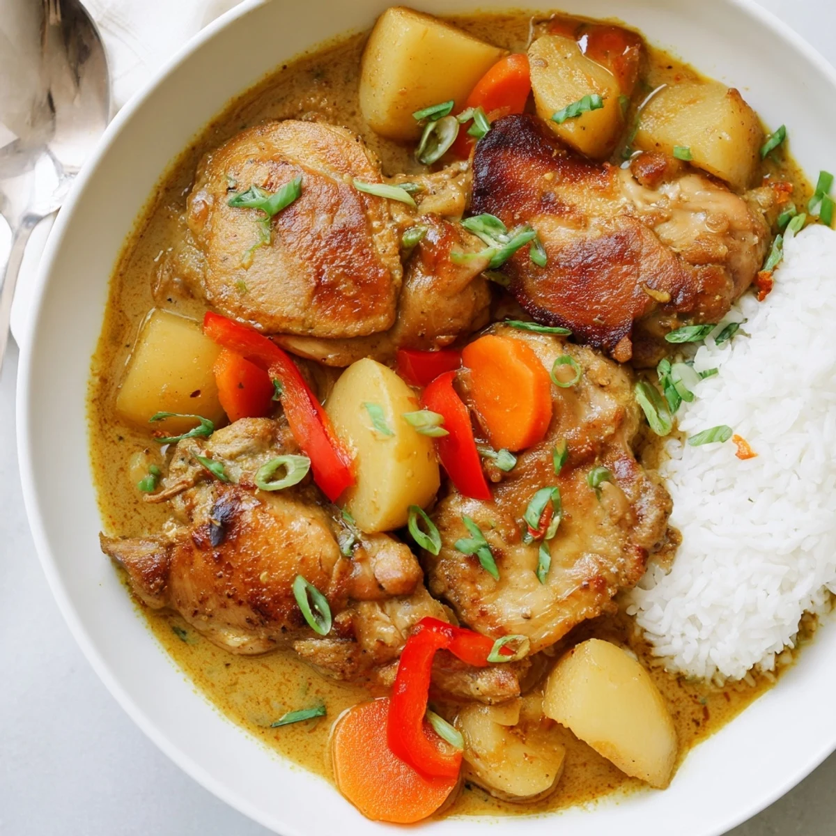 Bubbling Dutch oven of Irresistibly Tender Jamaican Curry Chicken, fragrant and spicy