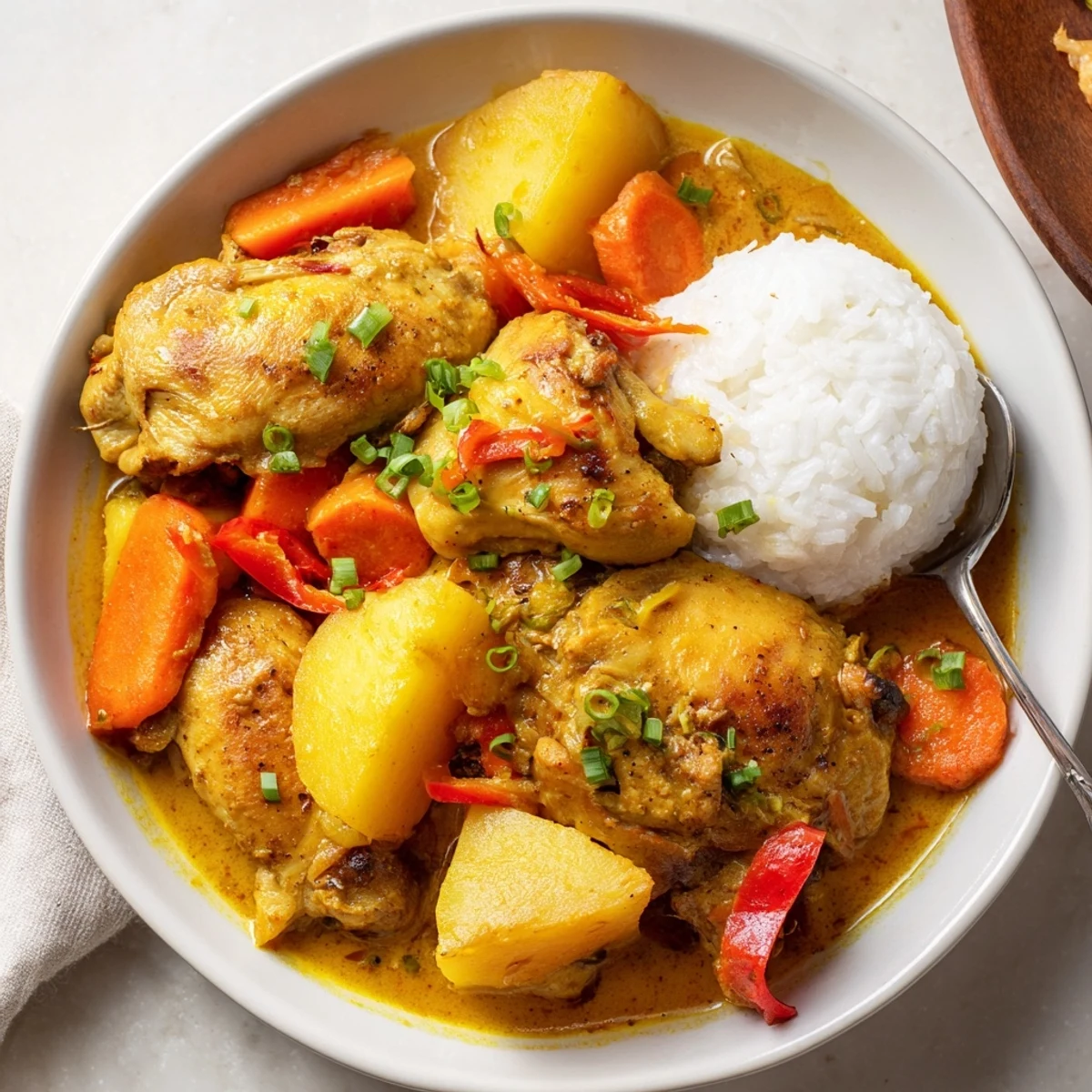 Soft potatoes, scallions, and coconut sauce crowning Irresistibly Tender Jamaican Curry Chicken