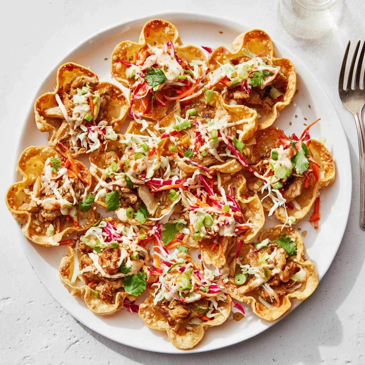Fusion Asian chicken wonton tacos topped with fresh vegetable slaw and drizzled with spicy creamy sauce