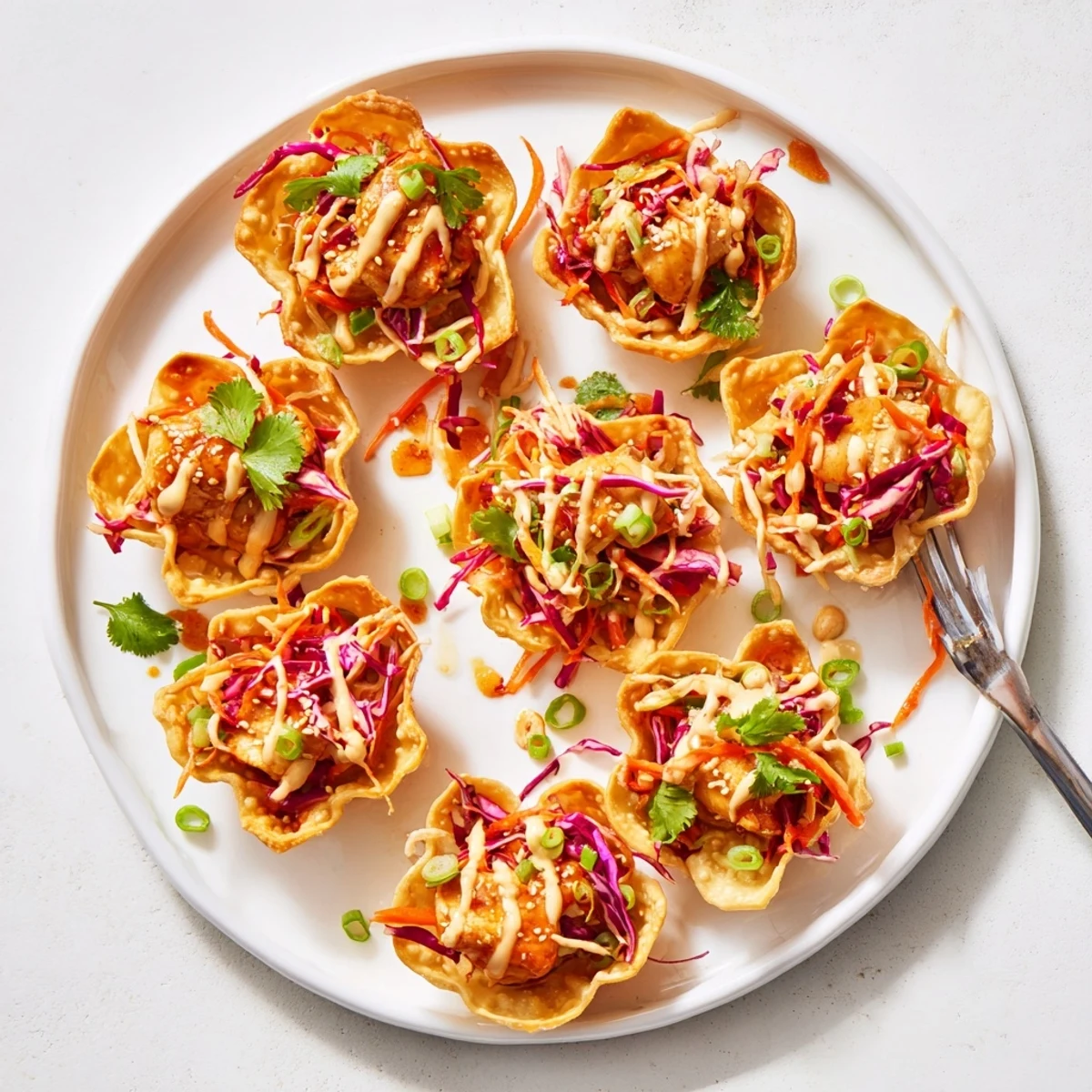 Golden crispy Asian chicken wonton tacos filled with tender marinated meat and colorful crunchy cabbage slaw