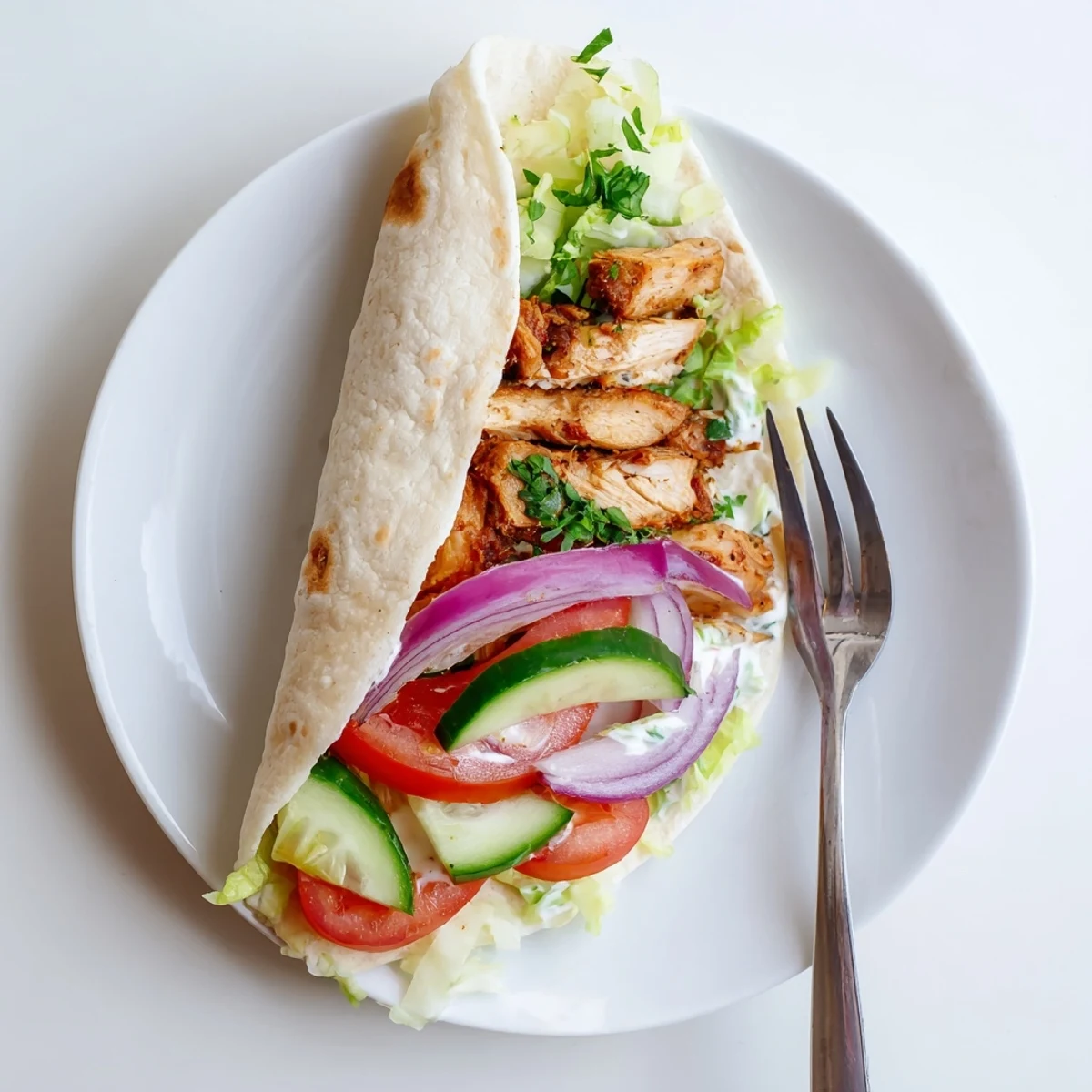 Golden garlic chicken shawarma wrap stuffed with crisp vegetables and creamy garlic sauce in soft flatbread