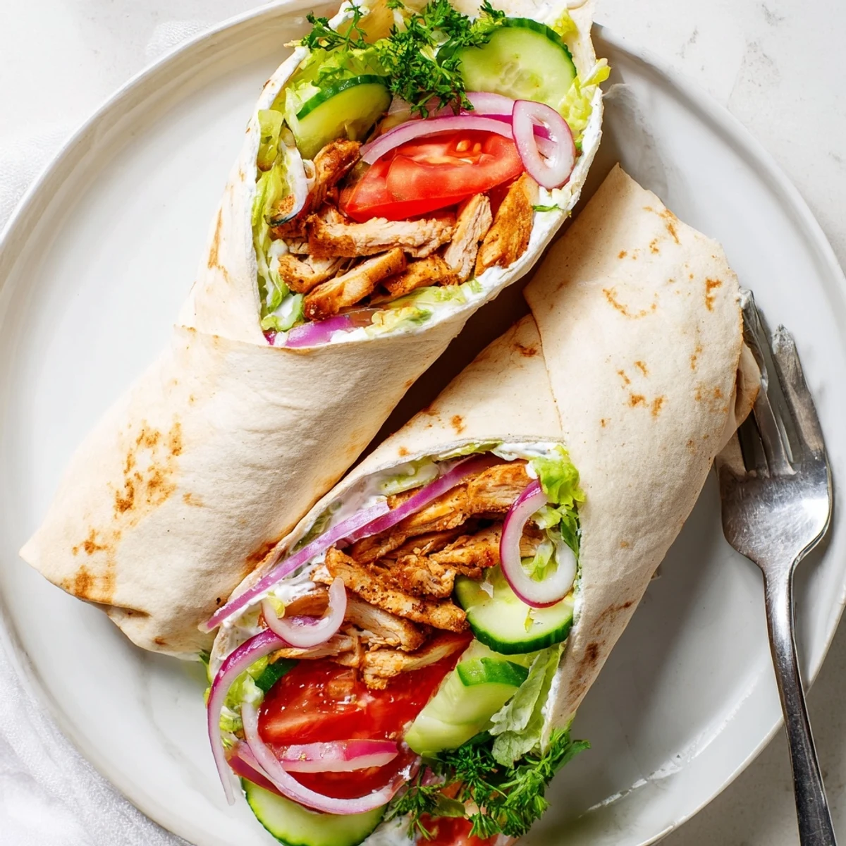 Sliced garlic chicken shawarma wrap revealing spiced meat layers with fresh lettuce tomato and cucumber inside