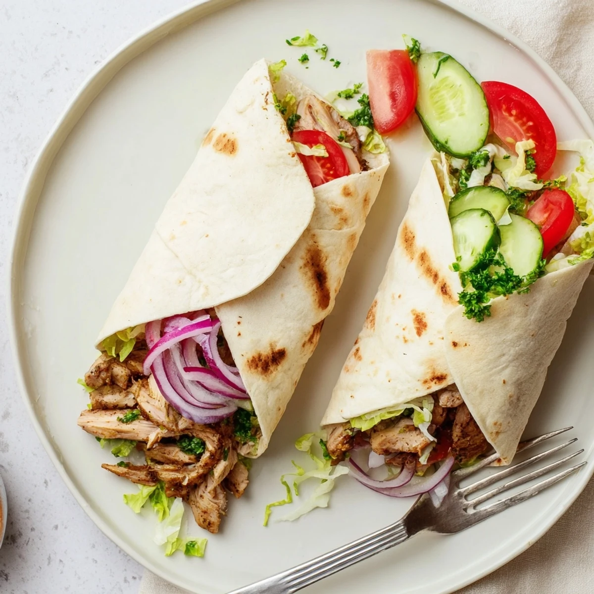 Hand-held garlic chicken shawarma wrap drizzled with white sauce and crunchy veggies on warm pita bread