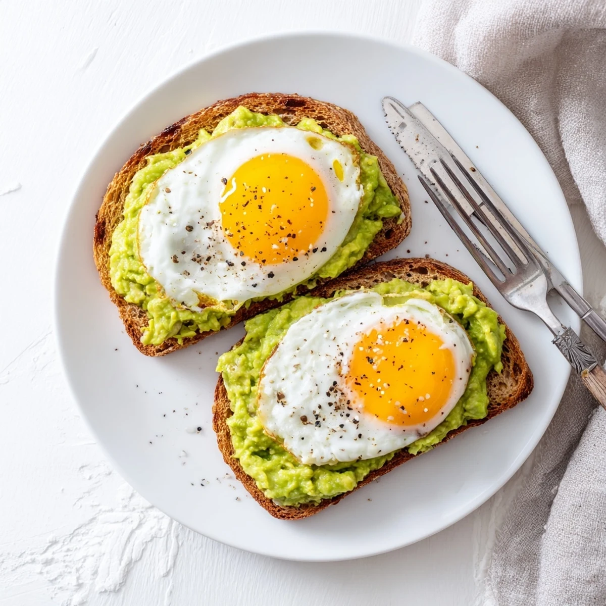 Golden toasted bread layered with mashed avocado and a perfectly cooked sunny side up egg in this simple avocado toast with egg recipe