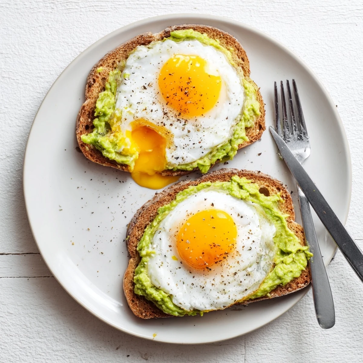 Crispy whole-grain toast topped with creamy mashed avocado and a runny yolk egg for this easy avocado toast with egg recipe