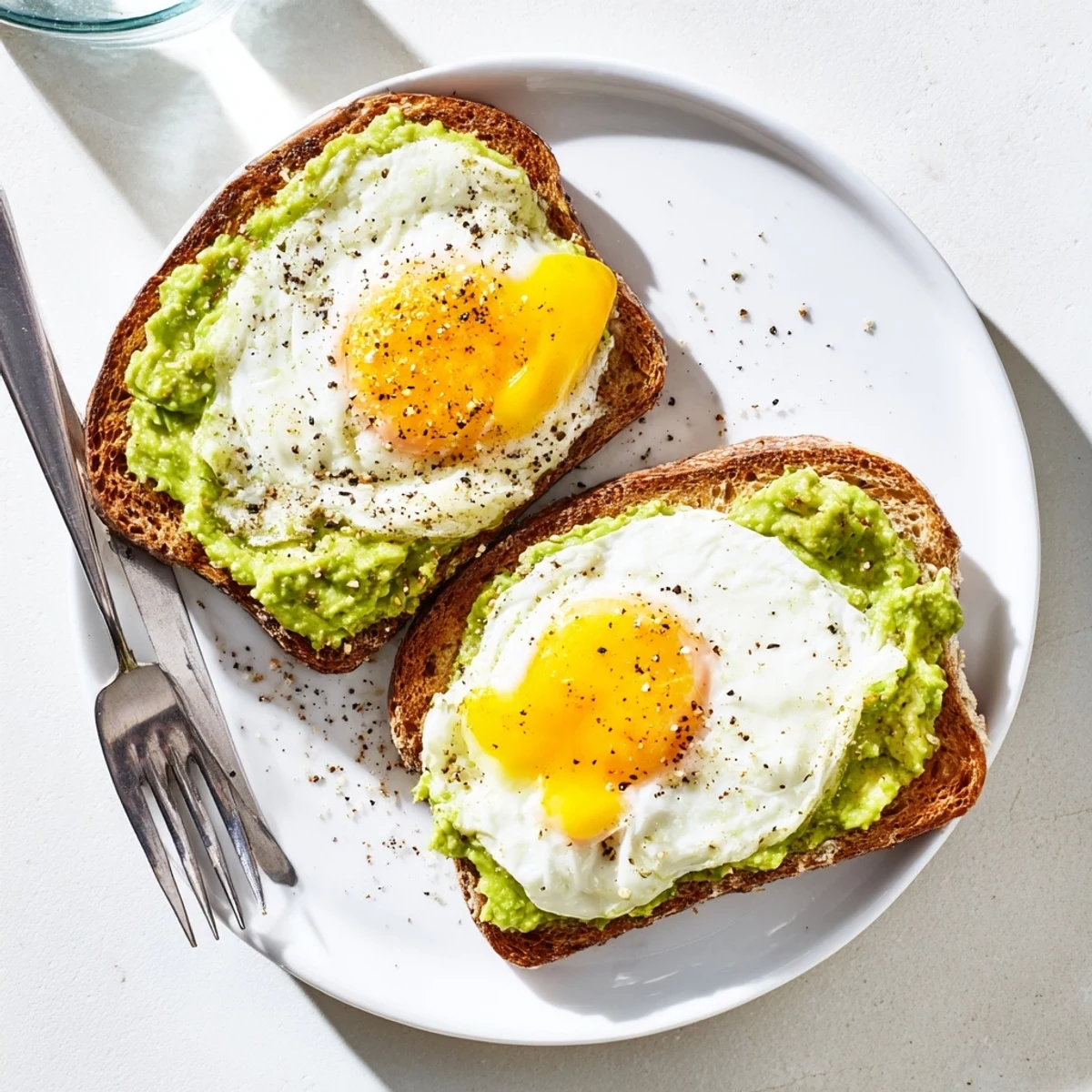 Breakfast plate featuring two slices of avocado toast crowned with fried eggs and sprinkled with chili flakes in this simple avocado toast with egg recipe
