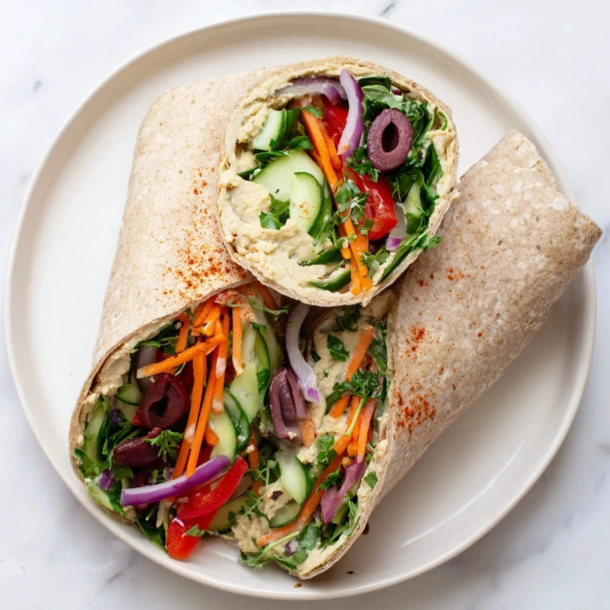 Golden sliced hummus wrap revealing colorful layers of crisp vegetables and fresh greens