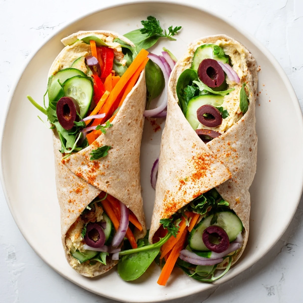 Creamy hummus wrap stuffed with julienned cucumber bell peppers and baby spinach