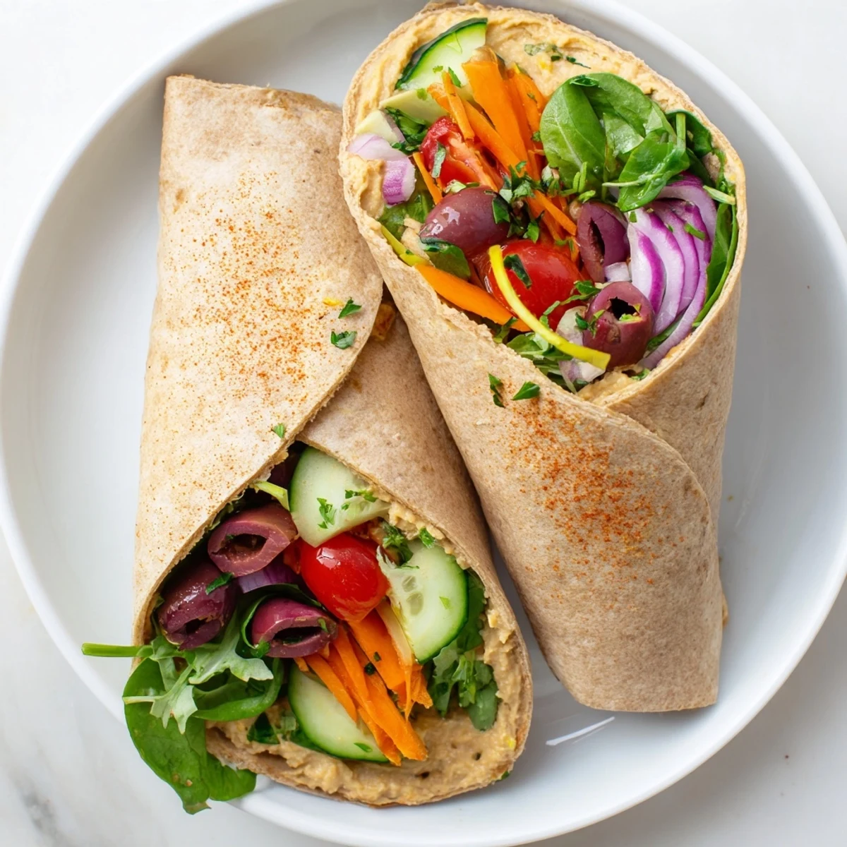 Mediterranean style wrap diagonally cut showcasing vibrant vegetable filling and smooth hummus spread