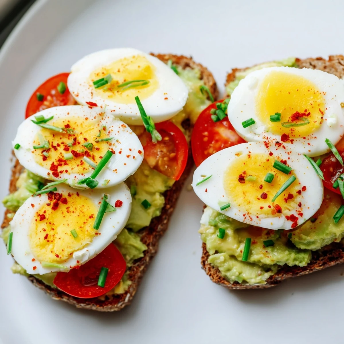Golden toasted sourdough piled with creamy mashed avocado, fresh tomato slices, and sliced hard-boiled eggs