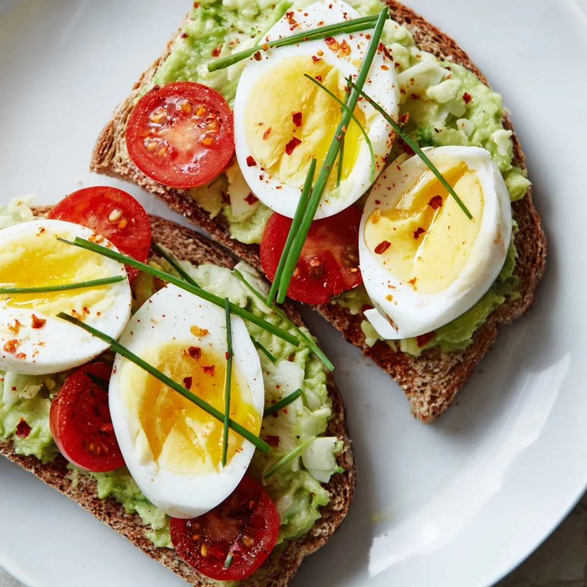 Hearty avocado toast with tomato and hard-boiled egg recipe featuring protein-rich breakfast on whole grain bread