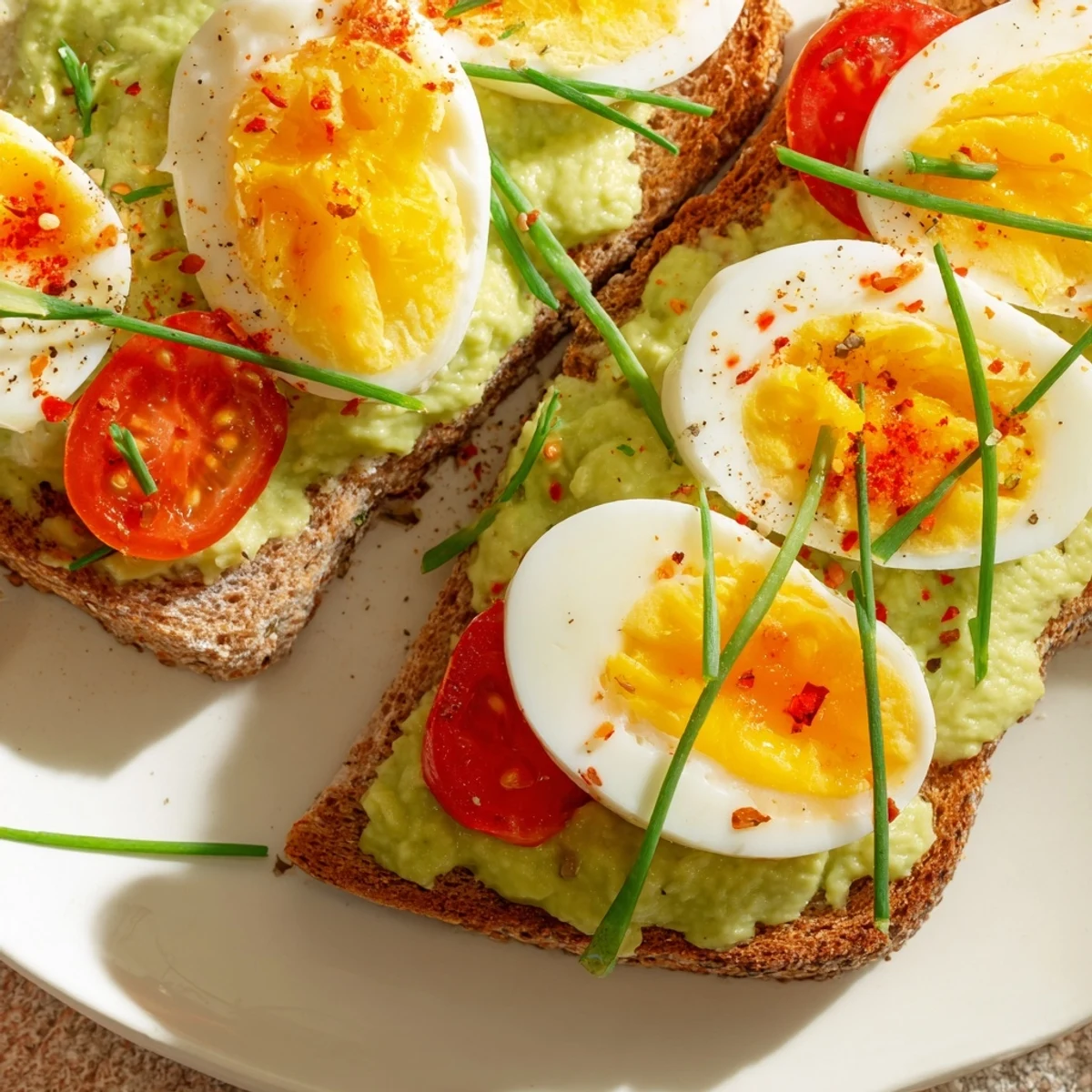 Vibrant avocado toast with tomato and hard-boiled egg recipe drizzled with olive oil and fresh chives