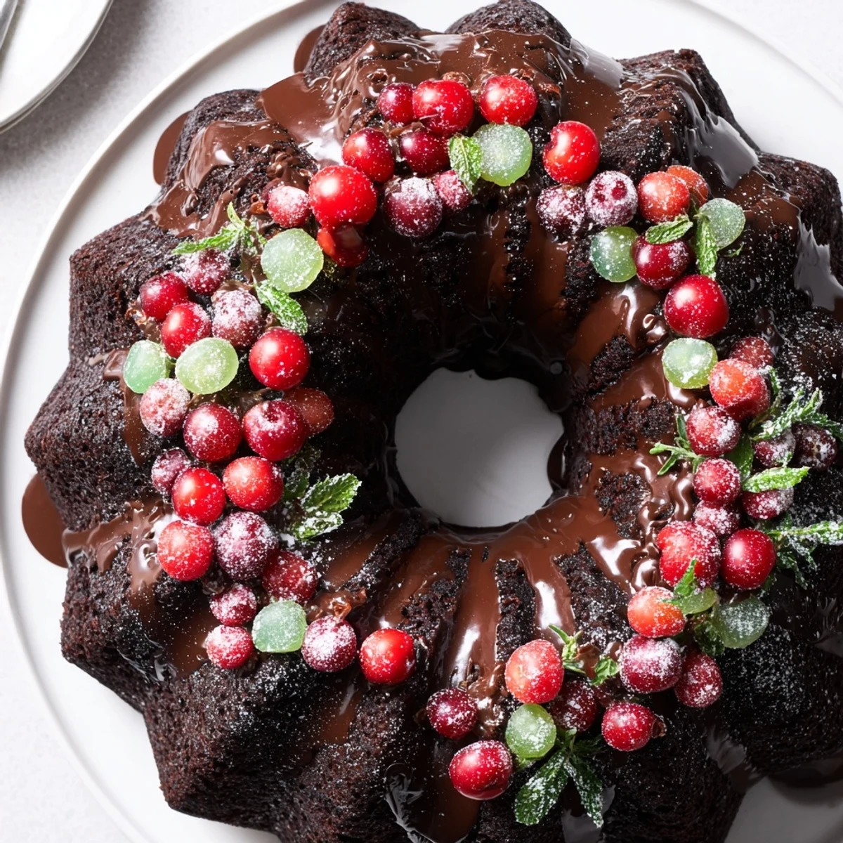 Festive Chocolate Bundt Cake Christmas Wreath topped with candied cherries and rosemary sprigs.