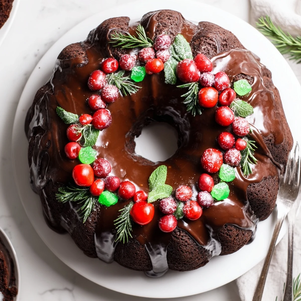 Rich, moist Chocolate Bundt Cake Christmas Wreath with glossy ganache and powdered sugar.
