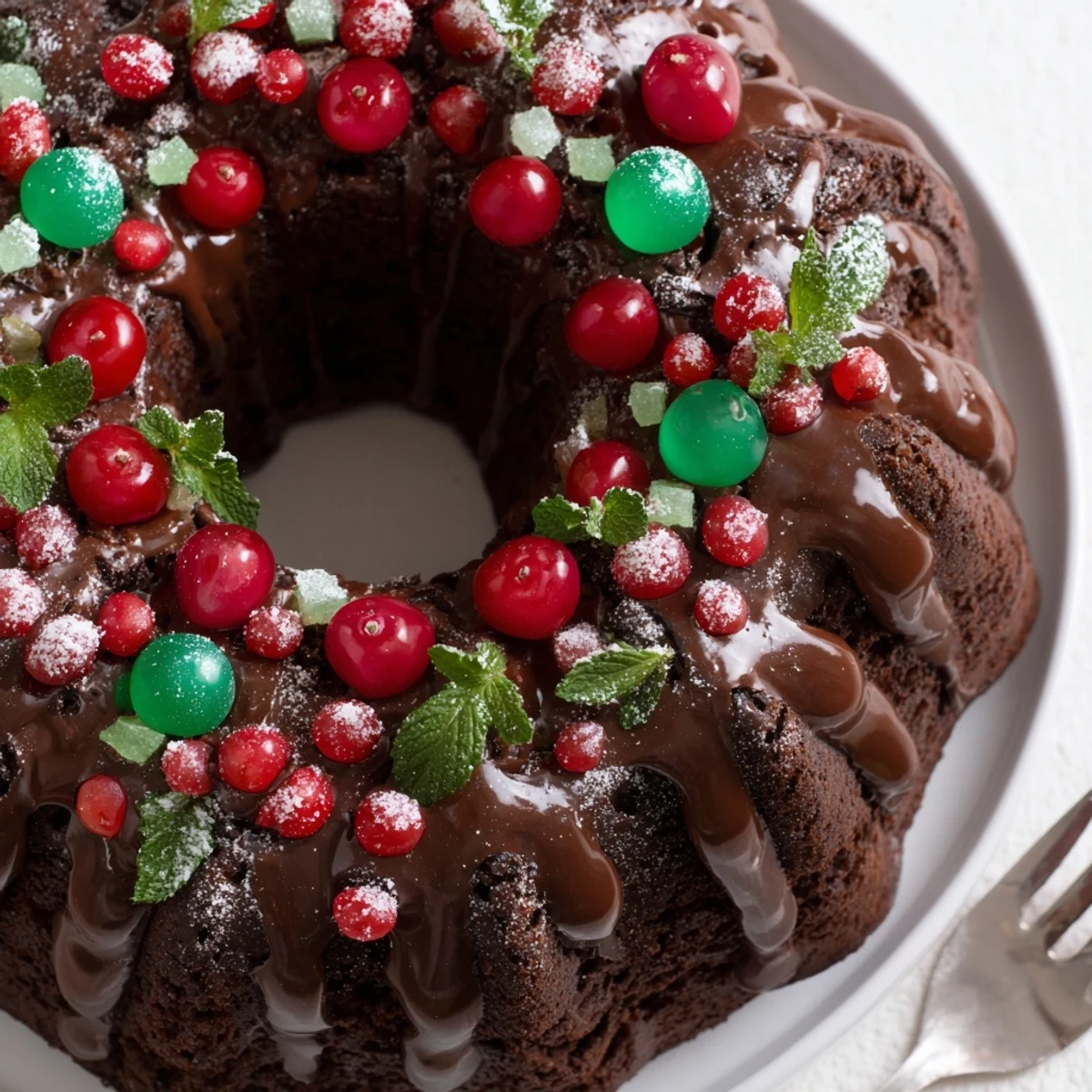 Slice of Chocolate Bundt Cake Christmas Wreath revealing fudgy crumb, perfect with mulled wine.