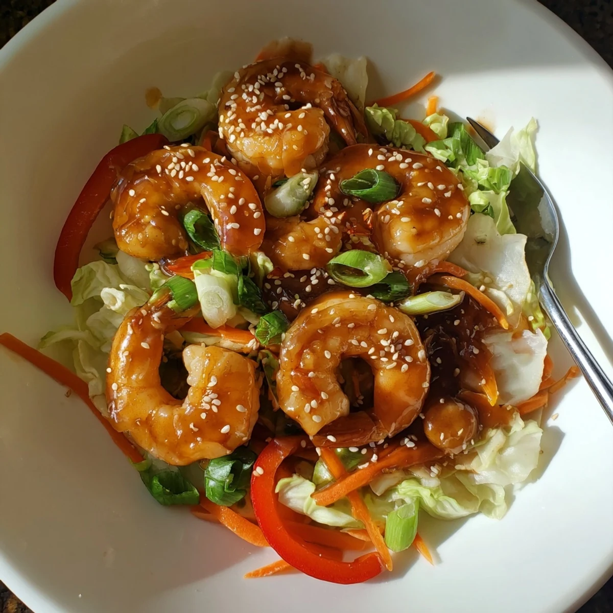 Bright plate of Delicious Asian Shrimp And Cabbage Stir Fry over steaming rice