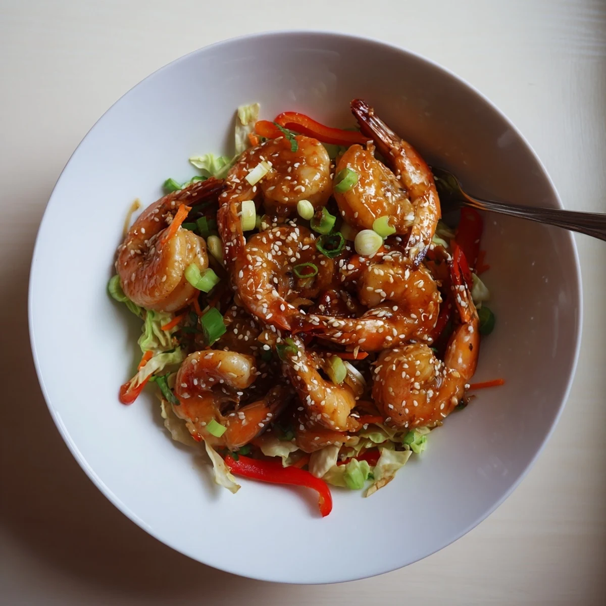 Quick weeknight Delicious Asian Shrimp And Cabbage Stir Fry topped with toasted sesame seeds