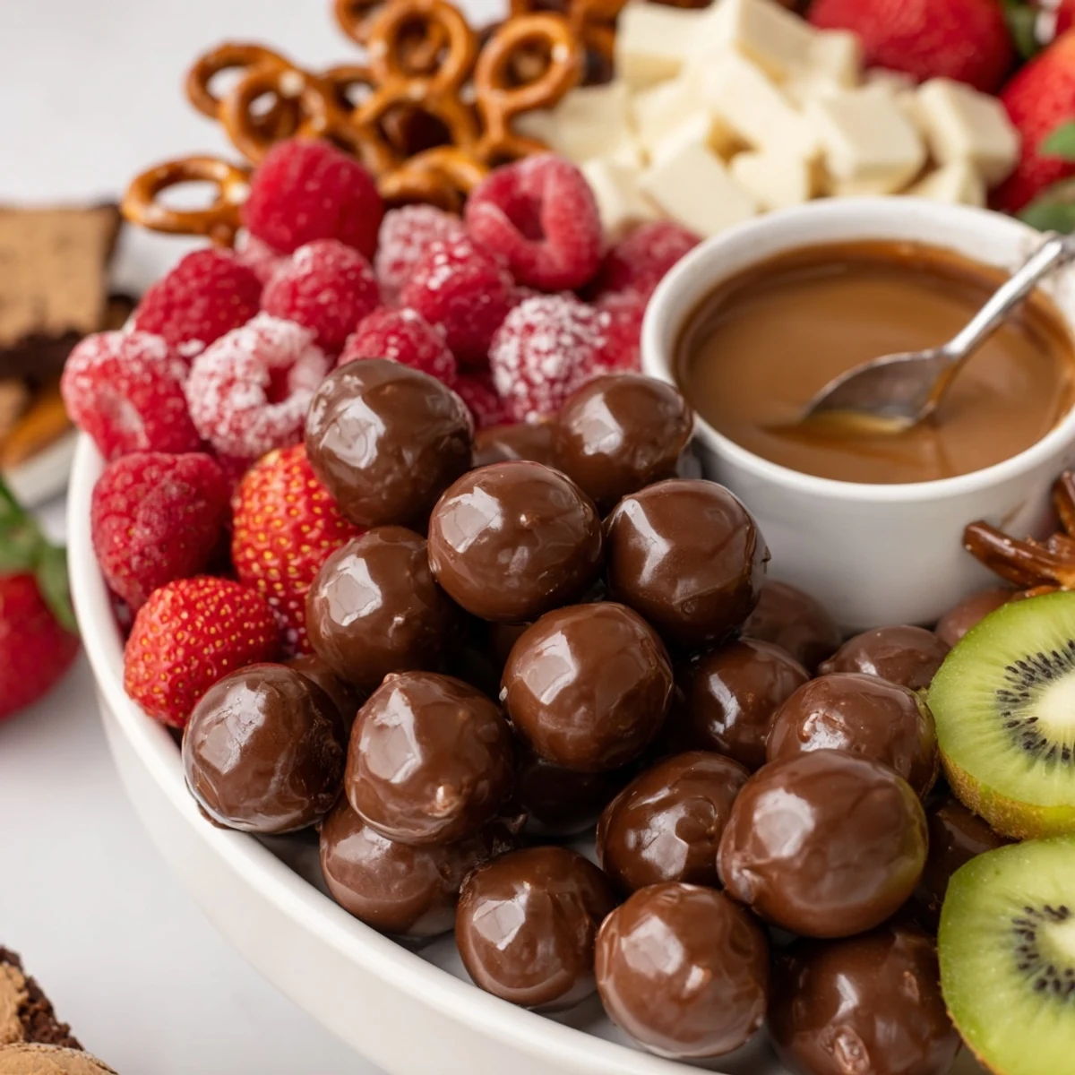 Dessert Charcuterie Board with vibrant berries, chocolate truffles, perfect for sharing.