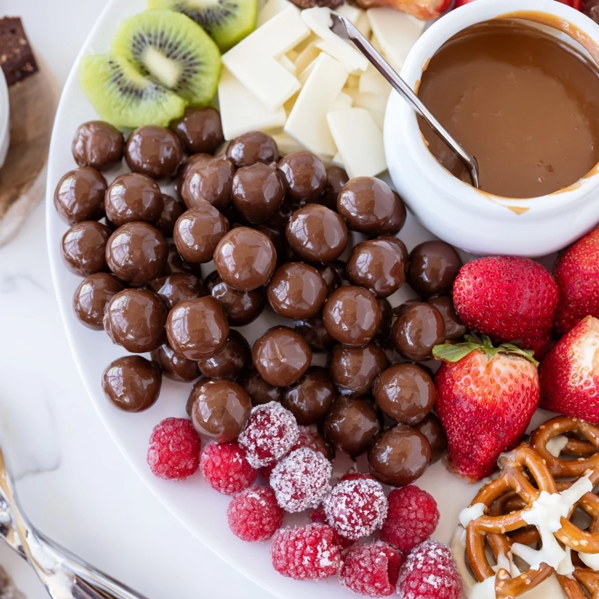 Platter-style Dessert Charcuterie Board showcasing velvety caramel, fresh fruit, great for parties.