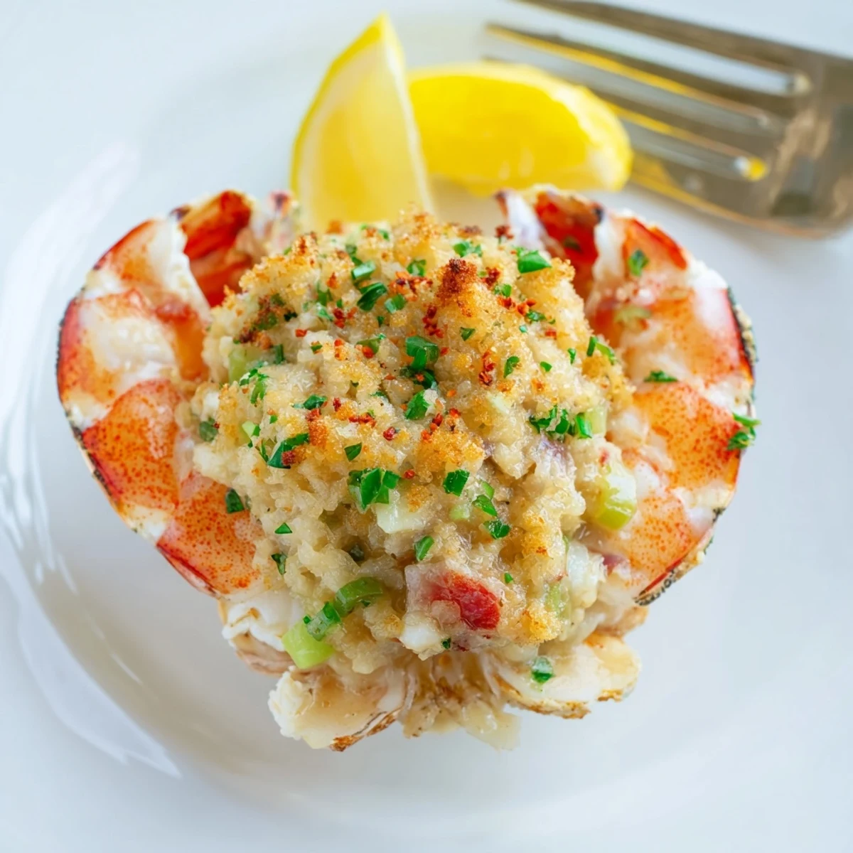 Crab Cake Stuffed Shrimp With Cowboy Butter glistening, oven-baked, served with lemon wedges.