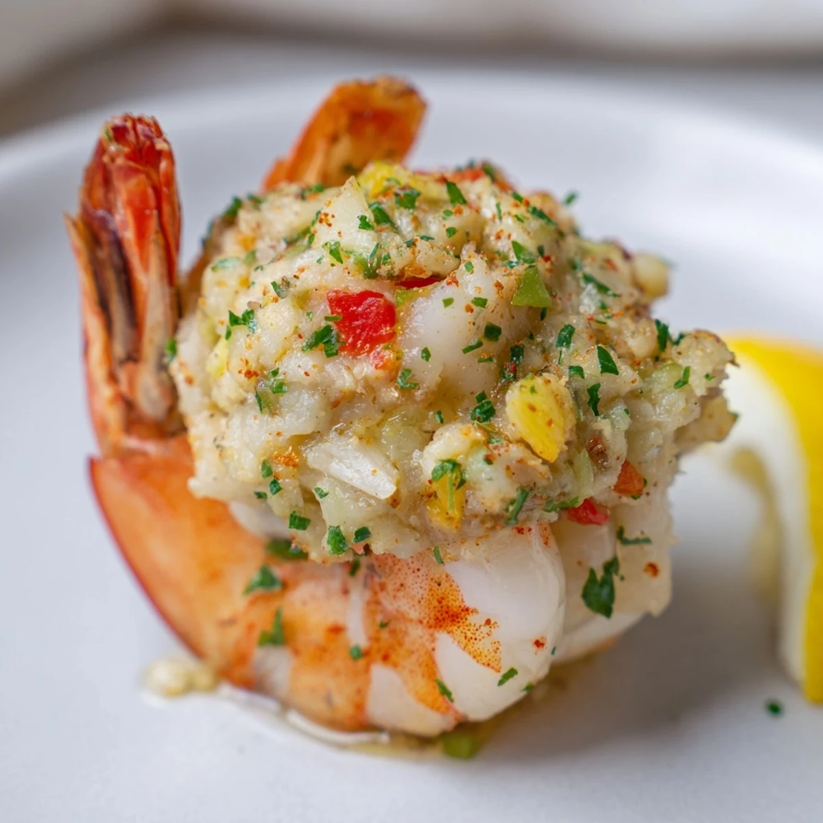 Herb-topped Crab Cake Stuffed Shrimp With Cowboy Butter, drizzled, releasing smoky garlic aroma.