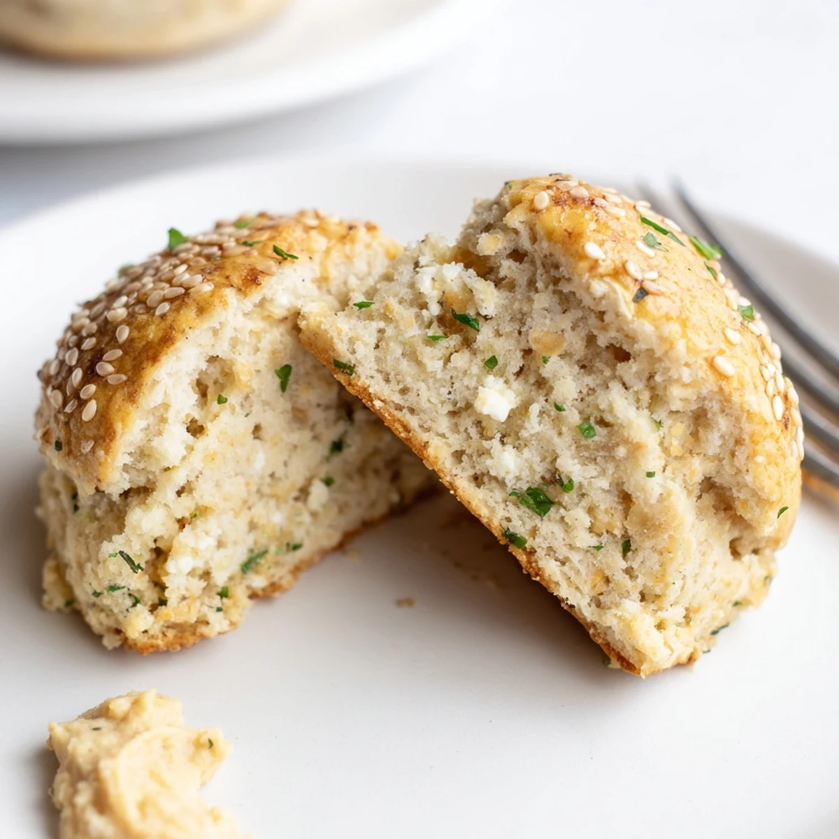 Warm Humous Scones on parchment, golden crust, fluffy crumb, sesame sprinkle