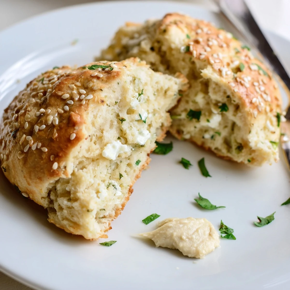Tray of freshly baked Humous Scones served warm with yogurt dip
