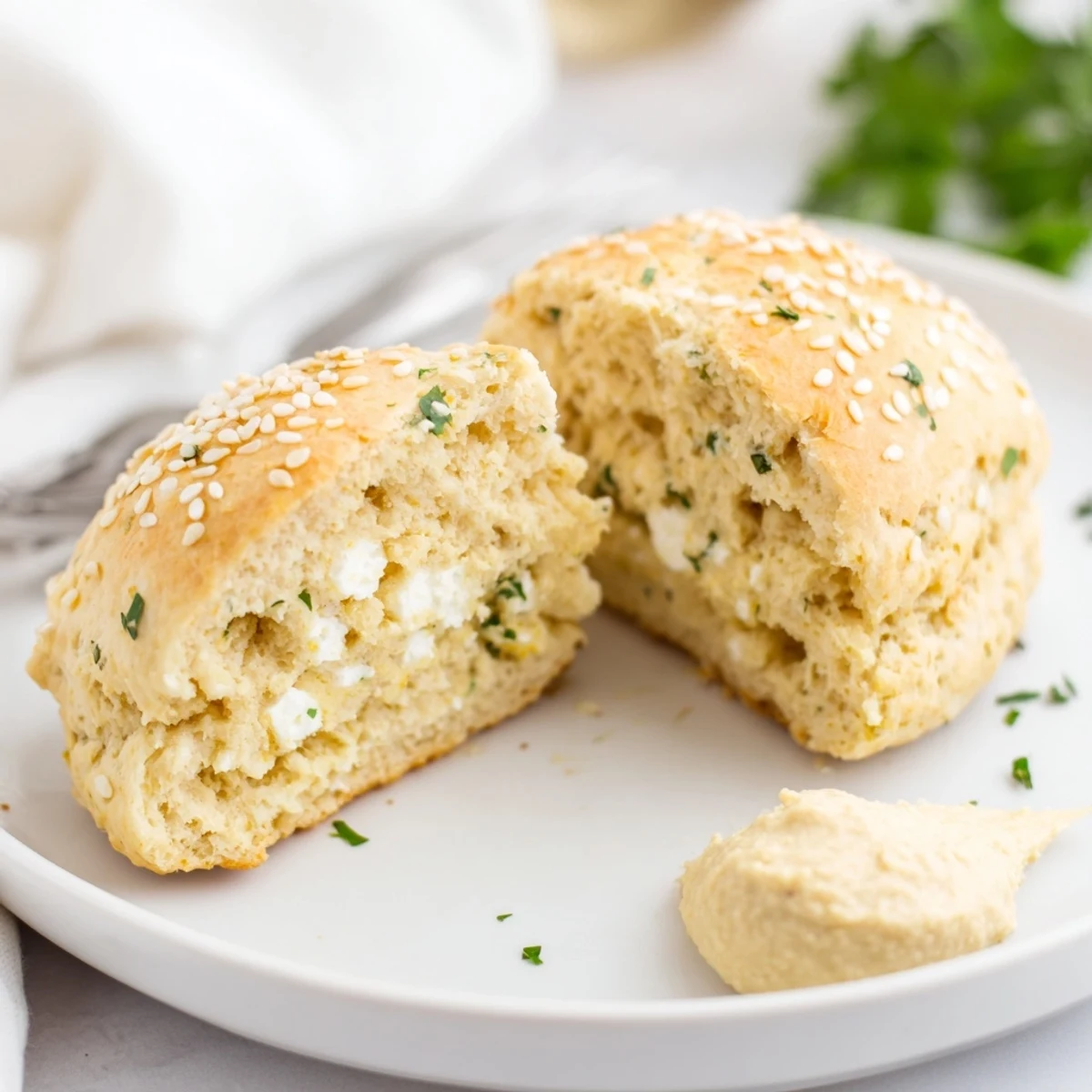 Close-up of Humous Scones split open, creamy hummus flavor, herb flecks