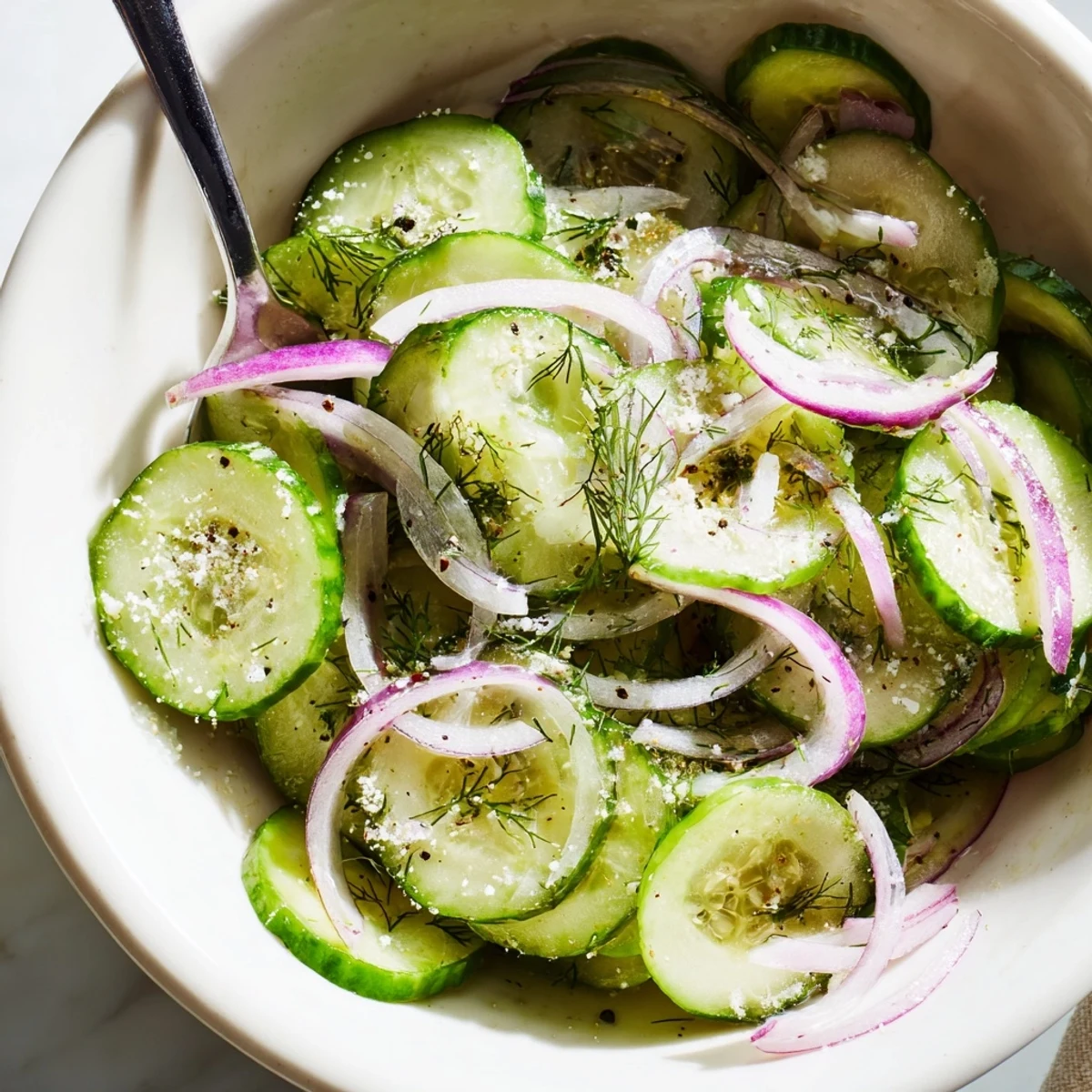 Chilled Cucumber Salad tossed in tangy white wine vinegar dressing, refreshing