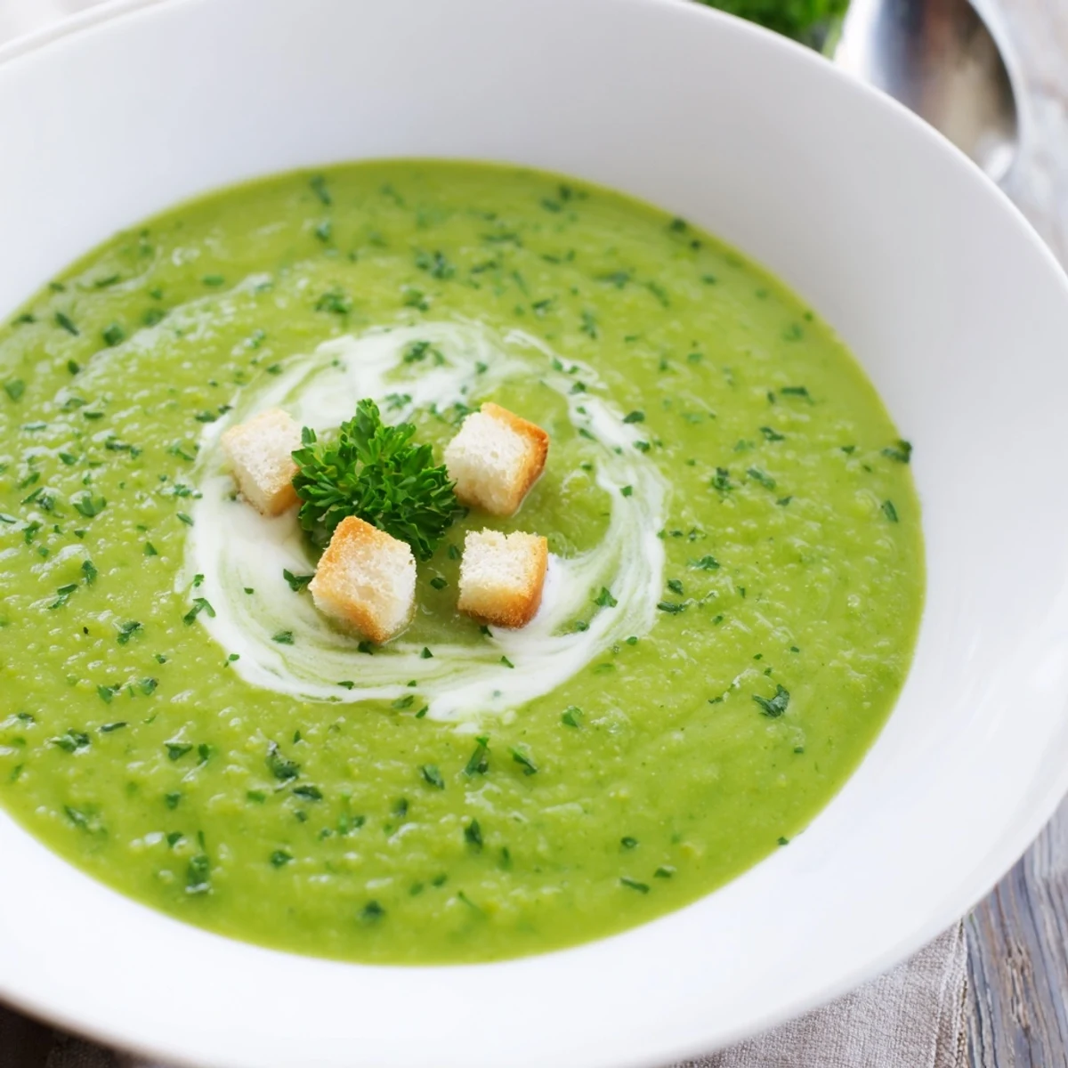 Pea soup steaming in bowl, silky green puree topped with creme fraiche  
