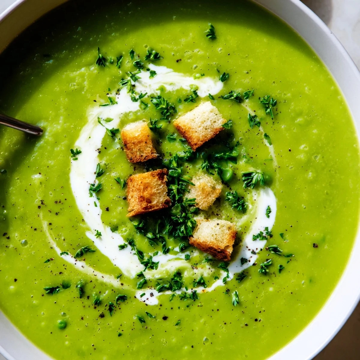 Velvety pea soup brightened with parsley, garlic aroma and toasted croutons