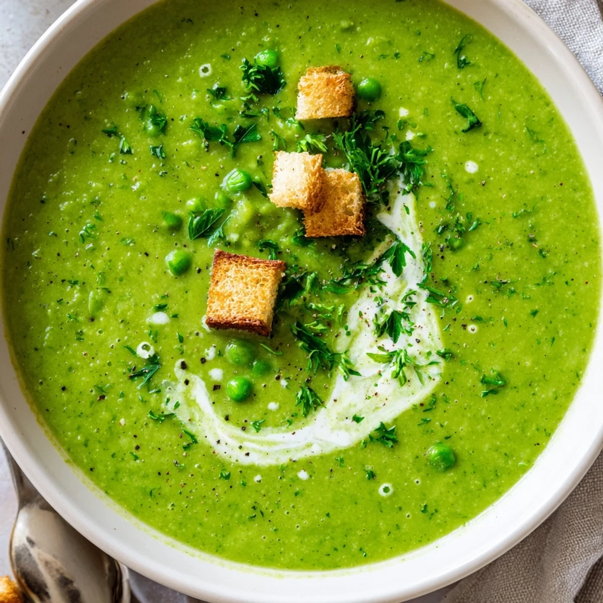 Fresh herb-studded pea soup ladled from pot, served with crusty bread  