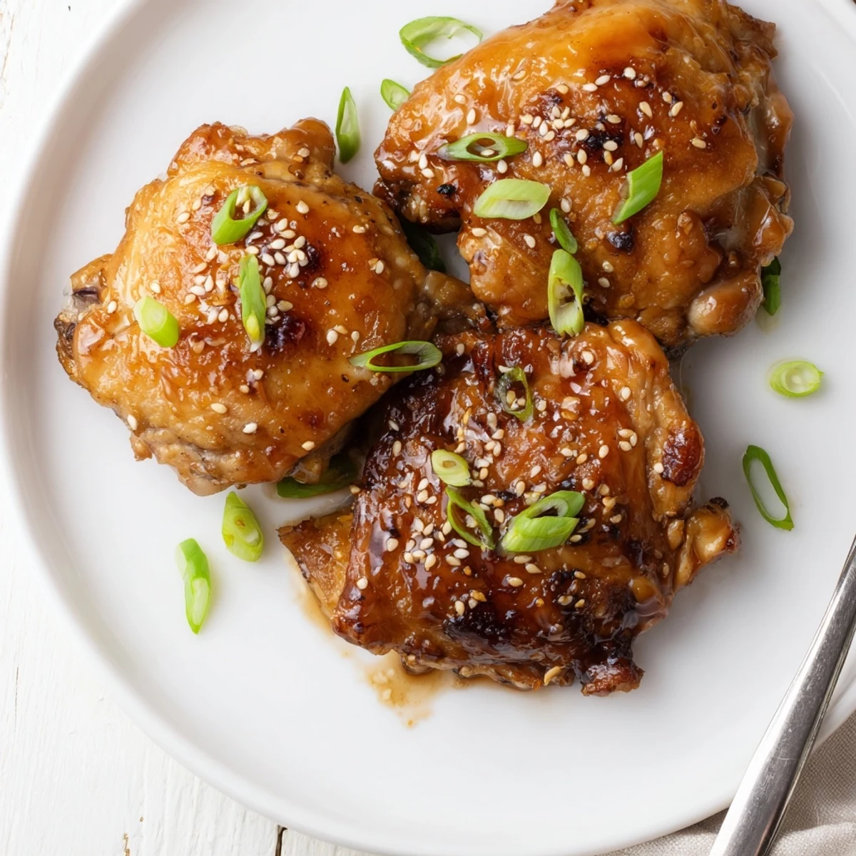 Golden glazed bone in teriyaki chicken thighs garnished with sesame seeds and green onions