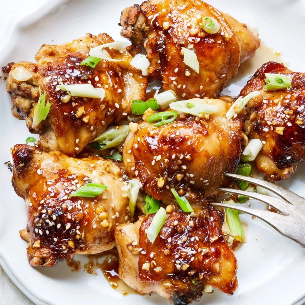 Oven roasted bone in teriyaki chicken thighs with sticky sweet soy garlic glaze and crispy skin