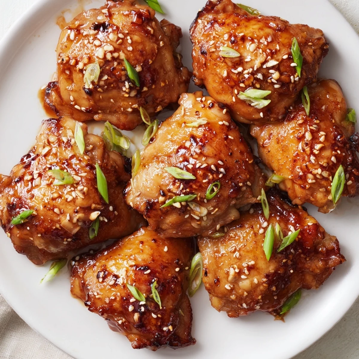 Savory bone in teriyaki chicken thighs served on white rice with drizzled sauce and scallions