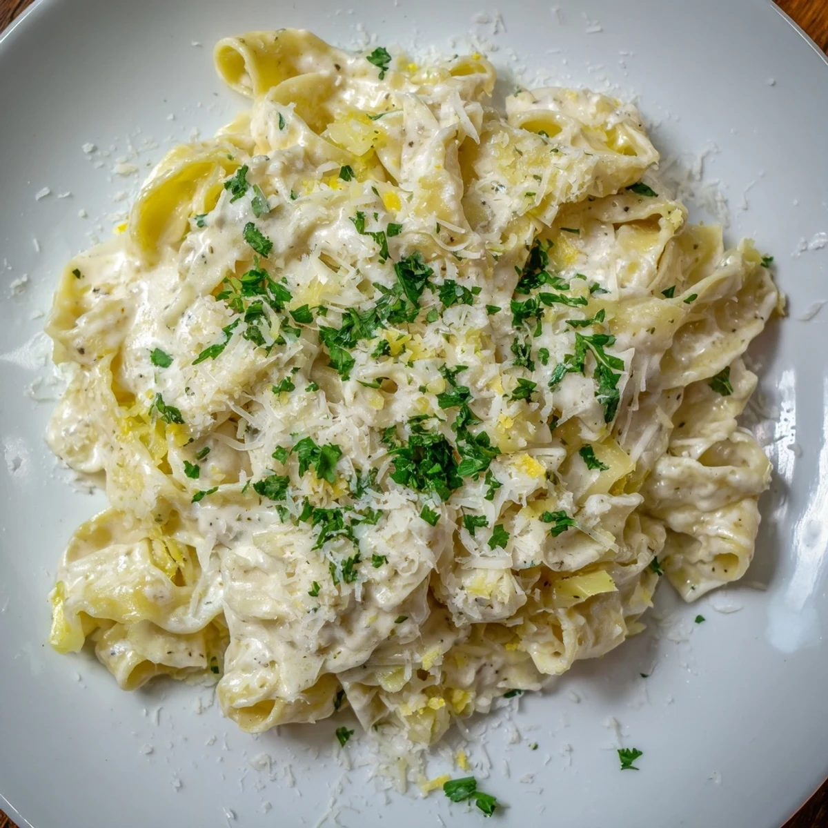 Golden creamy cafeteria noodles tossed in rich white parmesan sauce with fresh parsley garnish on white plate