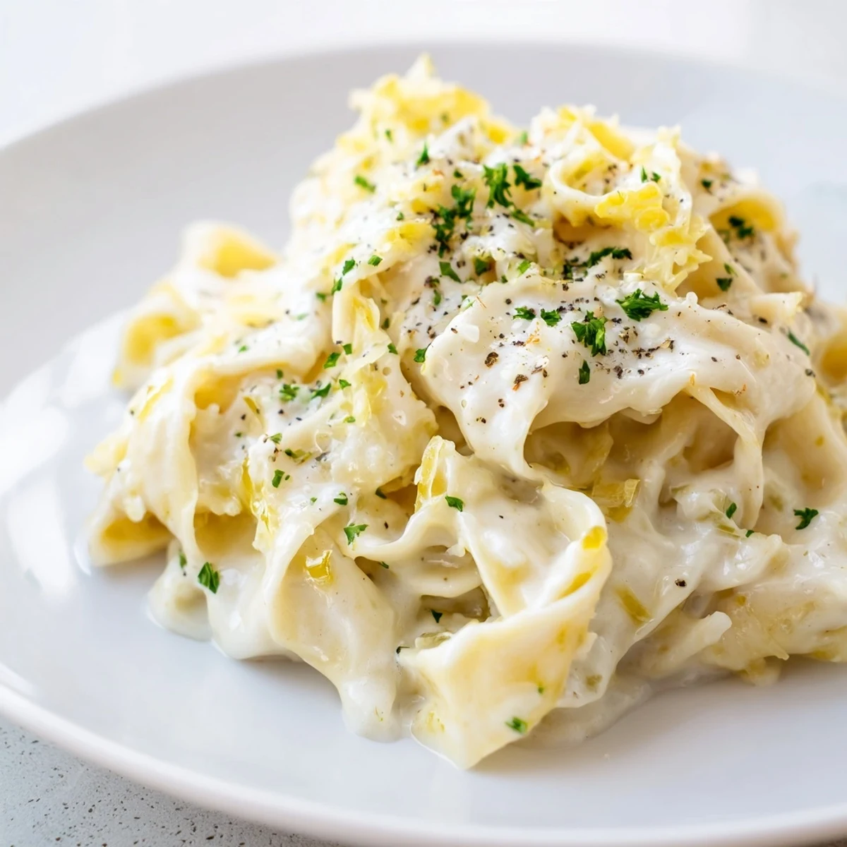 Comforting cafeteria noodles dish featuring wide pasta strands swimming in thick creamy savory sauce with onion and garlic