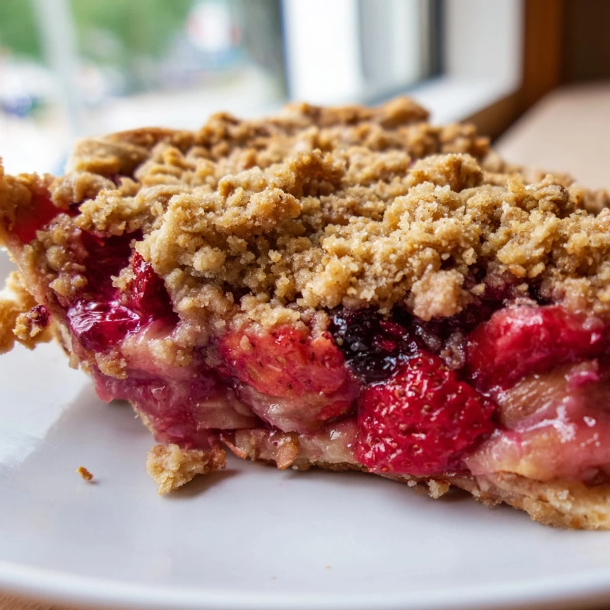 Golden berry rhubarb dream pie with buttery oat crumble topping on rustic wooden board