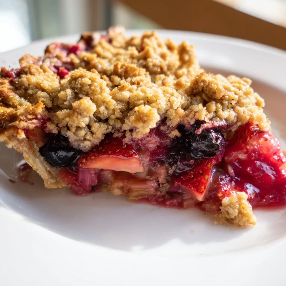 Sliced sweet berry rhubarb dream pie revealing vibrant red fruit filling and golden crumble