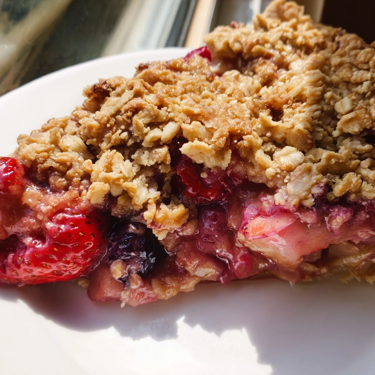Whole sweet berry rhubarb dream pie with bubbling fruit beneath crispy oat topping baked to perfection